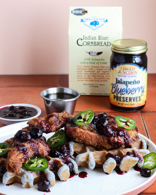 Chicken and Blue Corn Waffles with Jalapeño Blueberry Sauce